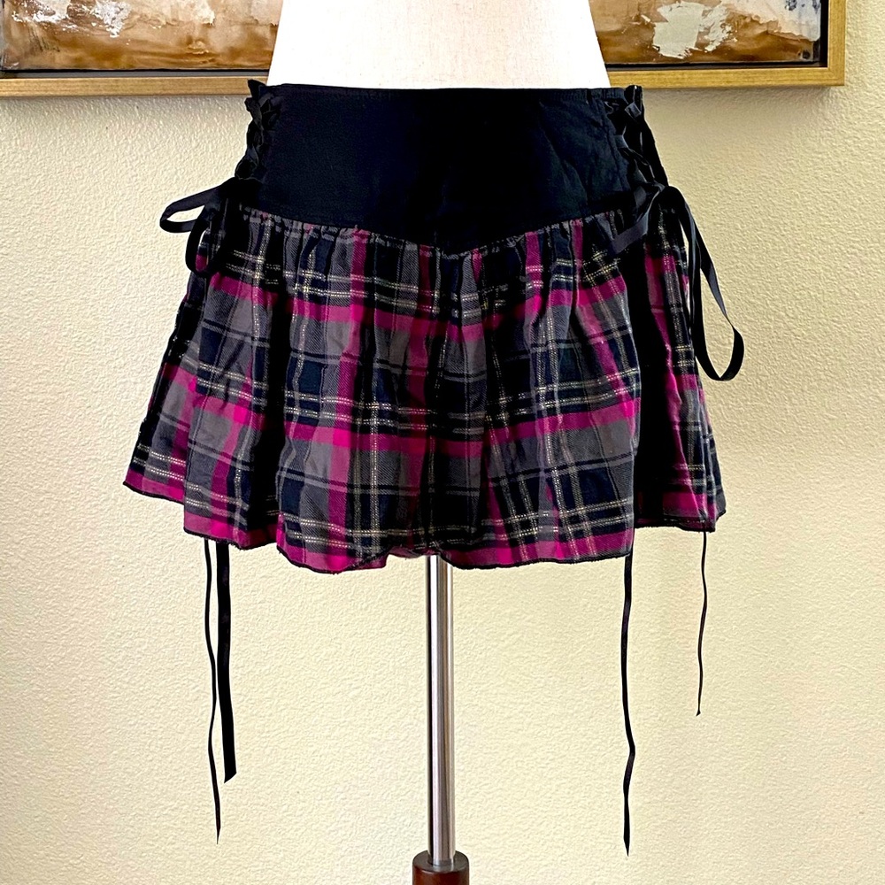 Lip Service Rock Goth Punk plaid black and pink mini skirt size XL NWT~